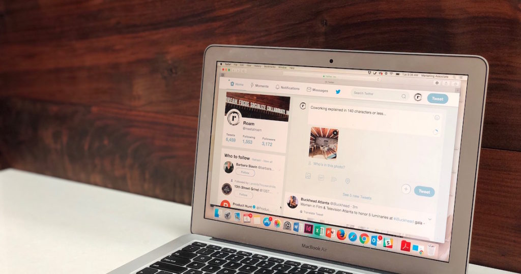 The Roam twitter account shown on a laptop